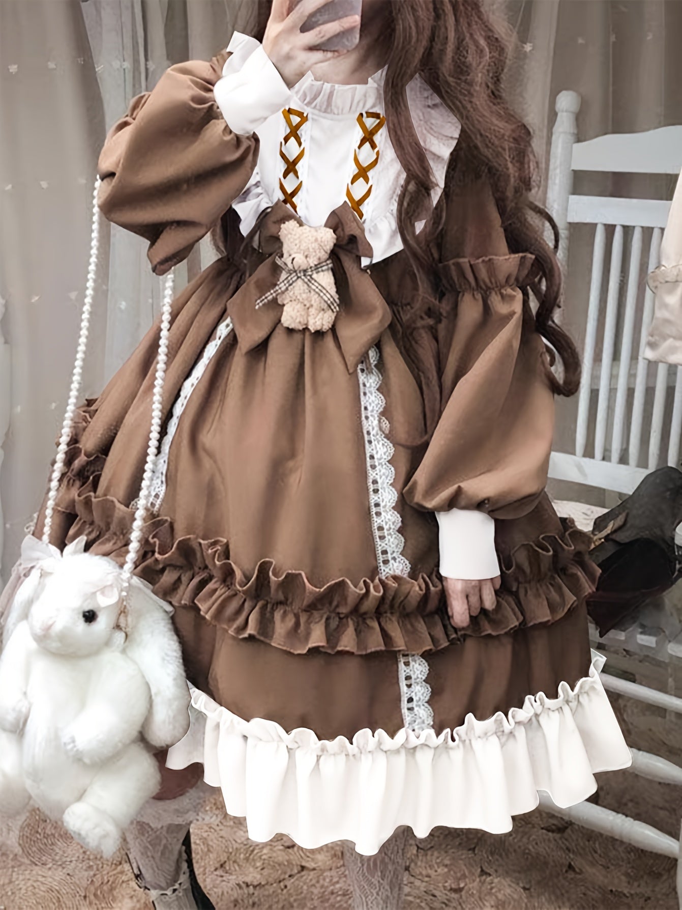 Charming Lolita - Inspired Princess Dress with Bear Charm & Bow - Long Sleeve, Crew Neck, Polyester - Perfect for Cosplay & Fashion Enthusiasts, Machine Washable - 我的商店