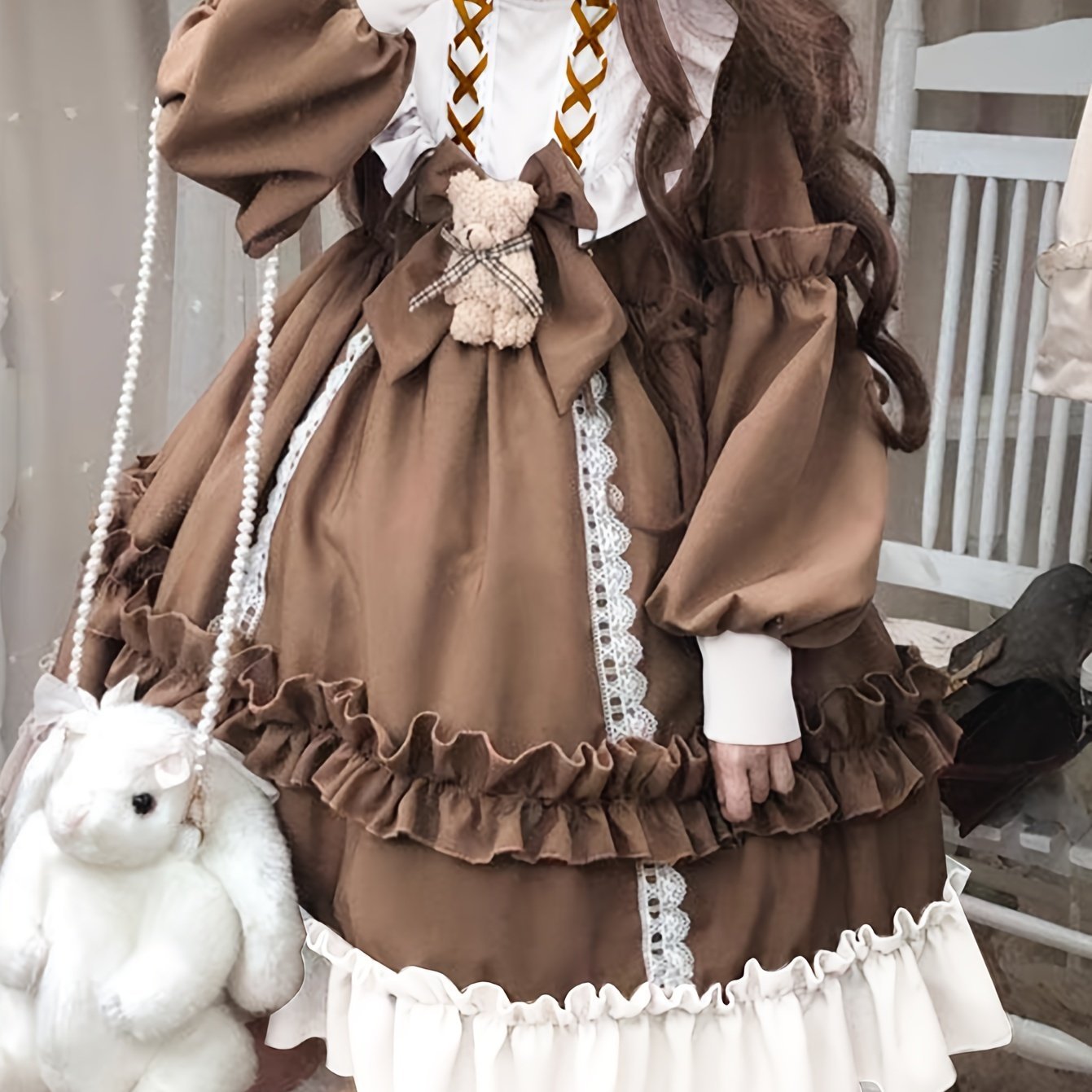 Charming Lolita - Inspired Princess Dress with Bear Charm & Bow - Long Sleeve, Crew Neck, Polyester - Perfect for Cosplay & Fashion Enthusiasts, Machine Washable - 我的商店