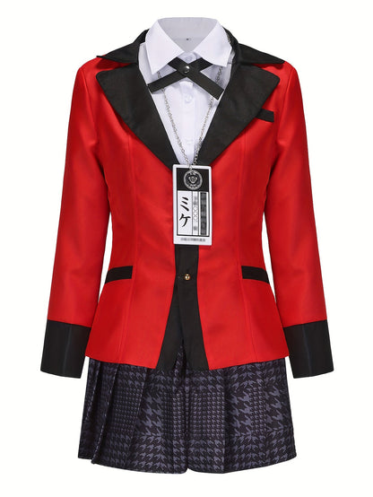 Chic Anime Cosplay Costume Set - V - Neck Blazer, Shirt & Skirt with Plaid Detail - Polyester, Non - Stretch Fabric - Perfect for All Seasons - 我的商店