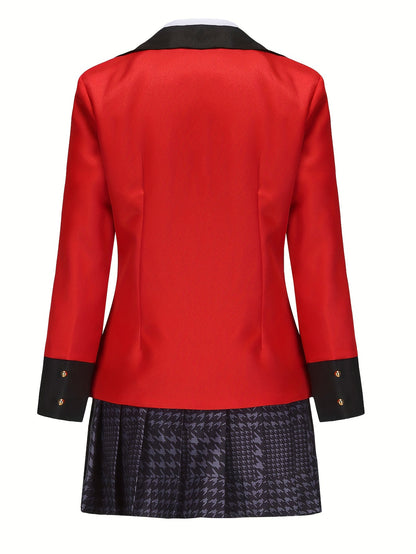 Chic Anime Cosplay Costume Set - V - Neck Blazer, Shirt & Skirt with Plaid Detail - Polyester, Non - Stretch Fabric - Perfect for All Seasons - 我的商店