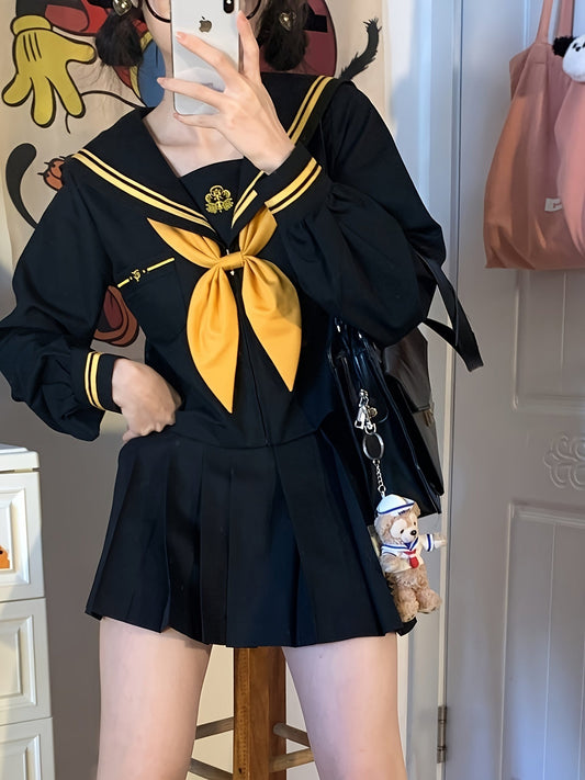 Chic Japanese - Inspired Sailor Uniform Cosplay Set for Women - Cute Geometric Pattern, Embroidered Details, Non - Stretch Polyester Blend, Perfect for Spring/Fall - 我的商店