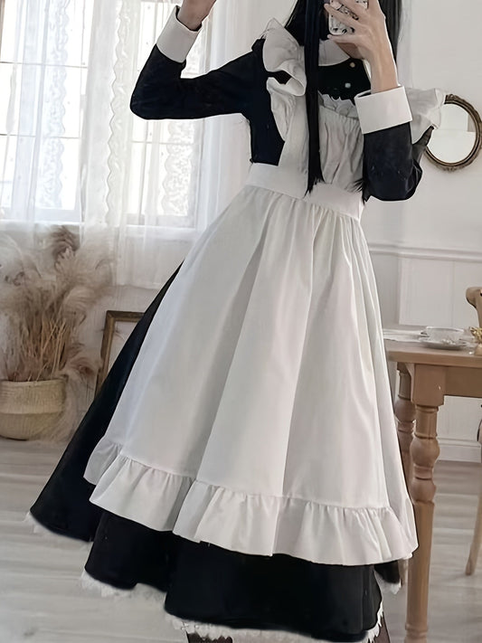 Cute Style Maid Costume Long Dress with Lapel Collar and Ruffle Detail, Classic Black and White Polyester Maid Outfit with Long Sleeves, Belted Umbrella Skirt, and Woven Fabric - Ideal for Cosplay and Halloween - 我的商店