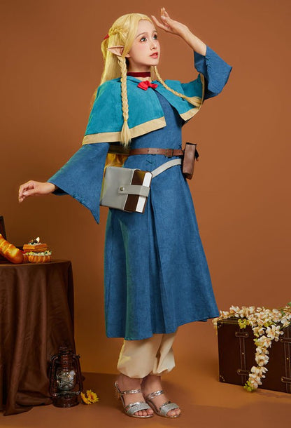 Delicious in Dungeon Marcille Donato Cosplay Costume Blue Dress Shawl with Pants and Bags Premium Ver - 我的商店