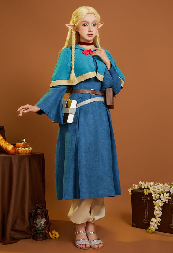 Delicious in Dungeon Marcille Donato Cosplay Costume Blue Dress Shawl with Pants and Bags Premium Ver - 我的商店