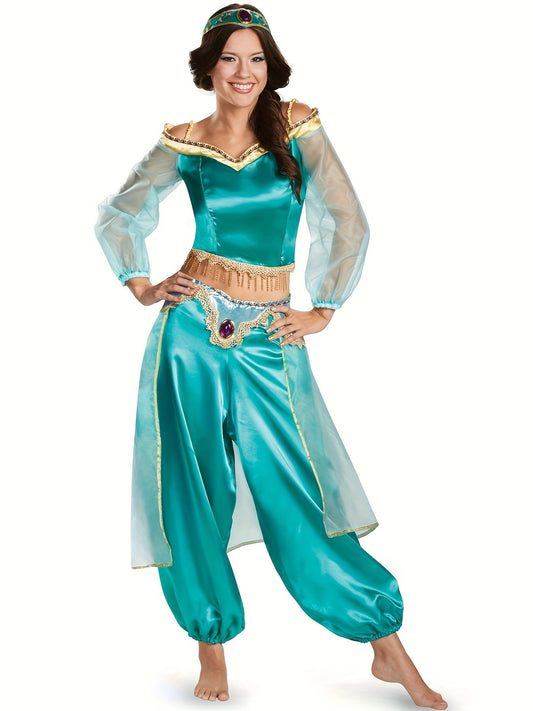 Elegant Off the Shoulder Aladdin Jasmine Princess Costume - Polyester Chevron Print with Contrast Lace Detail, Spring/Summer Collection, Woven Fabric, Sizes M - XXL - 我的商店