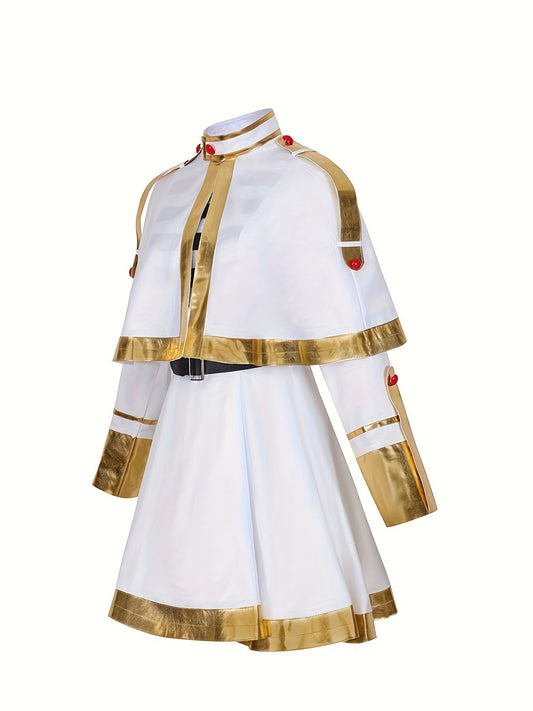 Epaulettes Contrast Trim Belted Cosplay Set, Crop Open Front Cape & Striped Button Cuff Long Sleeve Pleated Dress, Women's Clothing - 我的商店