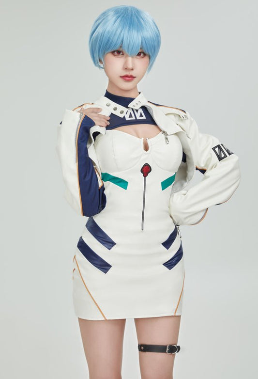 EVA Derivative Casual Outfit White Short Dress and Jacket with Mesh Top Set Cosplay Costume - 我的商店