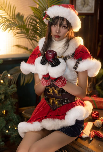 FF Tife Cosplay Costume Christmas Sweater Cape with Red Skirt - 我的商店